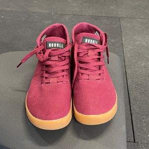 Nobull mid canvas burgundy trainers.